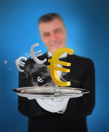 simsearch:400-06876570,k - Waiter offering smoking euro symbols on blue background Stock Photo - Budget Royalty-Free & Subscription, Code: 400-06876572