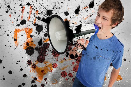 simsearch:400-06876753,k - Young man shouting through megaphone on artistic ink splash and hand print background Photographie de stock - Aubaine LD & Abonnement, Code: 400-06876738