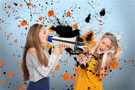 simsearch:400-06876753,k - Girl shouting at another covering her ears through megaphone on blue background with orange and black paint splashes Photographie de stock - Aubaine LD & Abonnement, Code: 400-06876742