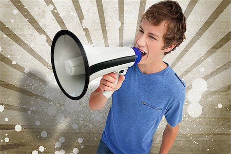 Young man shouting through a megaphone on beige linear pattern with white paint splashes Stock Photo - Budget Royalty-Free & Subscription, Code: 400-06876757