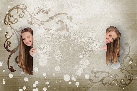 simsearch:400-06876787,k - Pretty girls peeking out from behind blank space on beige art deco style background with white ink splashes Foto de stock - Super Valor sin royalties y Suscripción, Código: 400-06876759