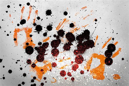 simsearch:400-06876753,k - Orange hand prints with black ink blots on grey background Photographie de stock - Aubaine LD & Abonnement, Code: 400-06876769