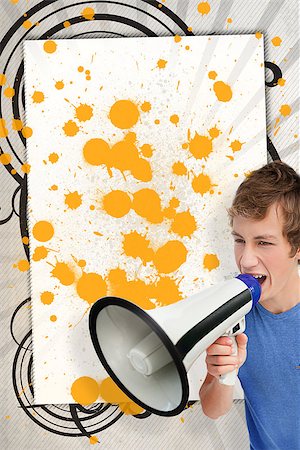 simsearch:400-06876753,k - Young man shouting through megaphone in front of copy space with yellow paint splashes and black swirly frame Photographie de stock - Aubaine LD & Abonnement, Code: 400-06876778