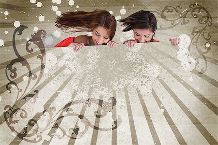 simsearch:400-06876781,k - Girls looking down on copy space on beige and brown art deco style background Foto de stock - Royalty-Free Super Valor e Assinatura, Número: 400-06876770