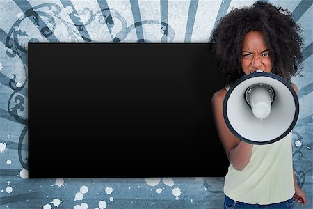 simsearch:400-06876781,k - Girl with afro shouting through megaphone with copy space on blue art deco style background Foto de stock - Royalty-Free Super Valor e Assinatura, Número: 400-06876784