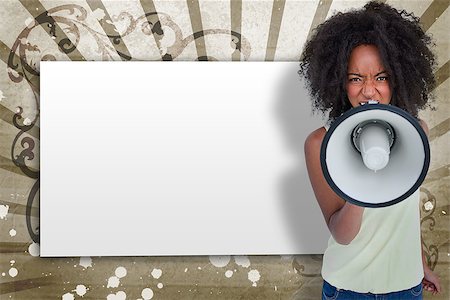 simsearch:400-06876781,k - Girl with afro shouting through megaphone with white copy space on beige art deco style background Foto de stock - Royalty-Free Super Valor e Assinatura, Número: 400-06876785