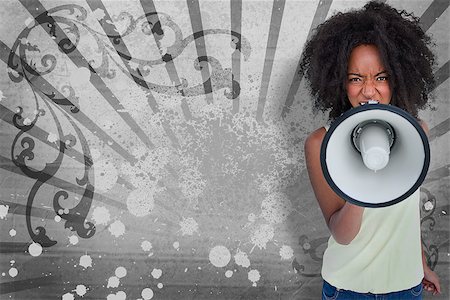 simsearch:400-06876753,k - Girl with afro shouting through megaphone with space for text on grey art deco style background Photographie de stock - Aubaine LD & Abonnement, Code: 400-06876786
