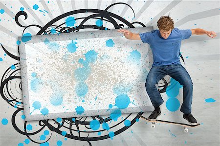 simsearch:400-06876781,k - Skateboarder mid ollie in front of copy space screen with blue paint splashes and black decorative frame Foto de stock - Royalty-Free Super Valor e Assinatura, Número: 400-06877072