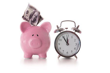 simsearch:400-06876570,k - Alarm clock and piggy bank with dollar sticking out on white background Foto de stock - Royalty-Free Super Valor e Assinatura, Número: 400-06877160