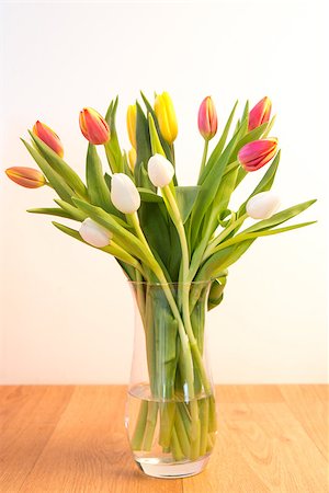 simsearch:400-08017474,k - Vase of pink yellow and white tulips on wooden table Foto de stock - Super Valor sin royalties y Suscripción, Código: 400-06877368