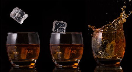 picture of alcohol with a black background - Serial arrangement of ice falling into whiskey glass on black background Stock Photo - Budget Royalty-Free & Subscription, Code: 400-06877576