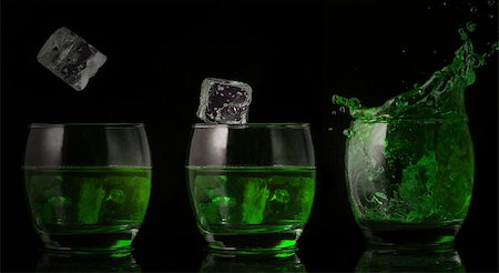 simsearch:400-06877048,k - Serial arrangement of ice falling into glass of green liquid on black background Foto de stock - Royalty-Free Super Valor e Assinatura, Número: 400-06877577