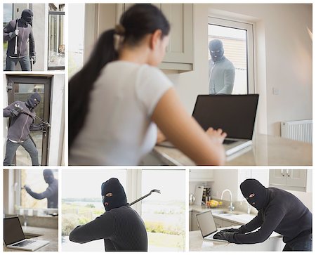 simsearch:400-06803569,k - Collage of burglar activity in womans home Stock Photo - Budget Royalty-Free & Subscription, Code: 400-06877589