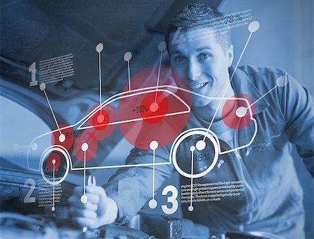 simsearch:400-06870137,k - Mechanic reparing car while consulting futuristic interface in blue Photographie de stock - Aubaine LD & Abonnement, Code: 400-06877602