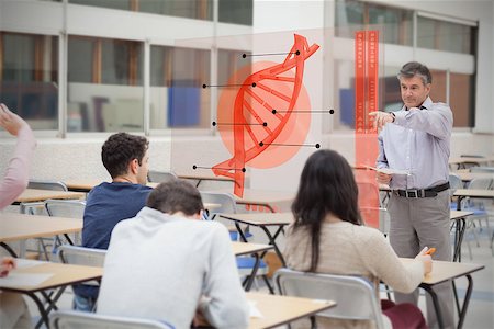 Teacher pointing student with futuristic interface with DNA diagram on it Stock Photo - Budget Royalty-Free & Subscription, Code: 400-06877693