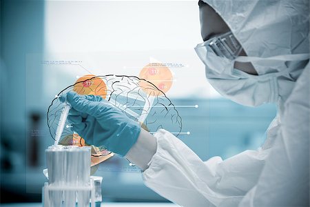 Chemist pouring liquid into test tubes with futuristic interface next to him showing a brain Stock Photo - Budget Royalty-Free & Subscription, Code: 400-06877721