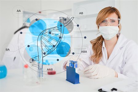 Scientist with protective mask using dna diagram interface in the lab Stock Photo - Budget Royalty-Free & Subscription, Code: 400-06877740