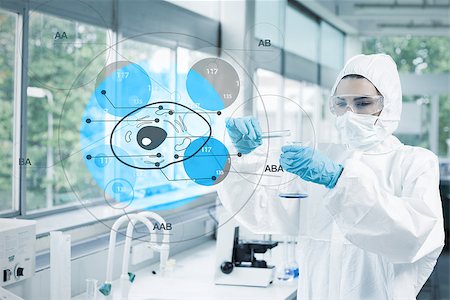 Scientist in protective suit working with cell diagram interface in the lab Stock Photo - Budget Royalty-Free & Subscription, Code: 400-06877741