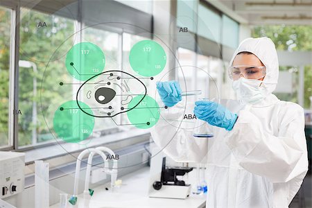 Scientist in protective suit working with green cell diagram interface in the lab Stock Photo - Budget Royalty-Free & Subscription, Code: 400-06877742