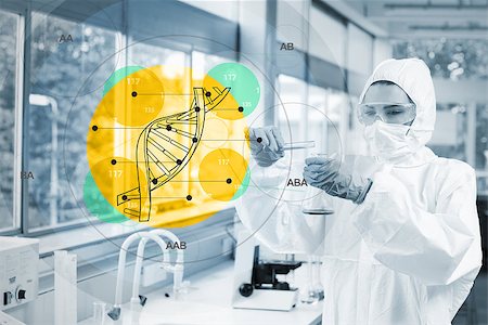 Scientist in protective suit working with dna diagram interface in the lab Stock Photo - Budget Royalty-Free & Subscription, Code: 400-06877743