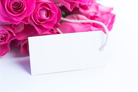 simsearch:400-06877945,k - Close up of a beautiful bouquet of pink roses with a blank card on a white table Stock Photo - Budget Royalty-Free & Subscription, Code: 400-06877841