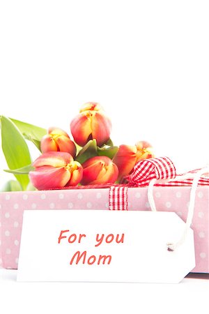 simsearch:400-06877837,k - Bouquet of tulips on a gift with a card for a mother on a white table Stock Photo - Budget Royalty-Free & Subscription, Code: 400-06877853