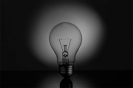 simsearch:400-06878421,k - Big light bulb standing on reflective surface in black and white Foto de stock - Royalty-Free Super Valor e Assinatura, Número: 400-06878142