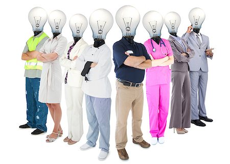 Different workers with light bulb heads standing in a row on white background Stock Photo - Budget Royalty-Free & Subscription, Code: 400-06878583