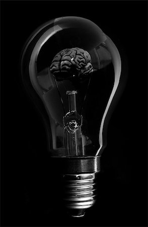 Black brain inside light bulb on black background Stock Photo - Budget Royalty-Free & Subscription, Code: 400-06878601