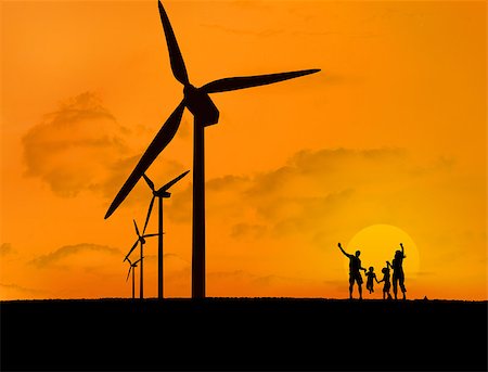 simsearch:400-07220226,k - Wind turbines and silhouette of happy family with a sunset Stockbilder - Microstock & Abonnement, Bildnummer: 400-06878728