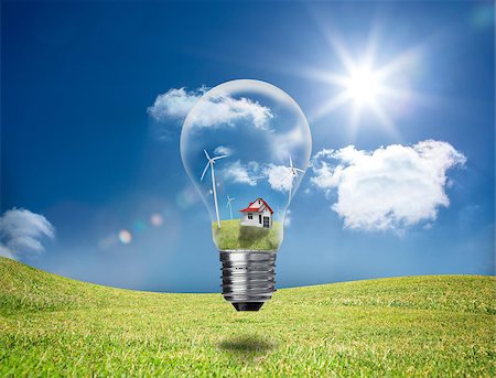 simsearch:400-07220226,k - Light bulb showing house and turbines floating in a green field in the sunshine Stockbilder - Microstock & Abonnement, Bildnummer: 400-06878738