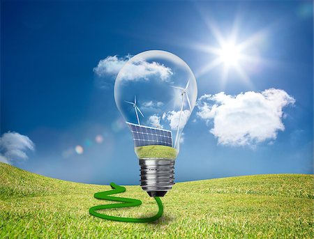 Light bulb showing solar panels and turbines floating in a green field in the sunshine Photographie de stock - Aubaine LD & Abonnement, Code: 400-06878739