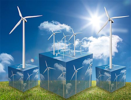 simsearch:400-07220226,k - Wind turbines on cubes showing more wind turbines in a green field Stockbilder - Microstock & Abonnement, Bildnummer: 400-06878751