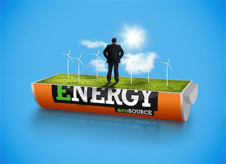 Businessman in wind turbine field in an energy saving battery on blue background Stock Photo - Budget Royalty-Free & Subscription, Code: 400-06878768