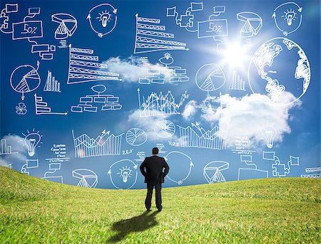 Businessman looking at white graphs and data in the sky while standing in a field Stock Photo - Budget Royalty-Free & Subscription, Code: 400-06878762