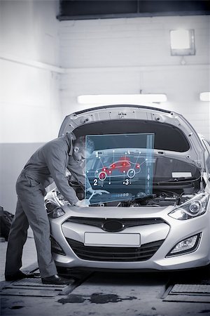 simsearch:400-06878892,k - Man repairing car with open hood and futuristic interface showing map diagram Photographie de stock - Aubaine LD & Abonnement, Code: 400-06878888