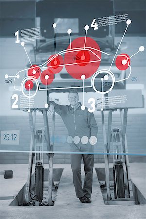 simsearch:400-06878892,k - Confident mechanic standing under futuristic interface with car diagram and statistics in black and white Photographie de stock - Aubaine LD & Abonnement, Code: 400-06878899