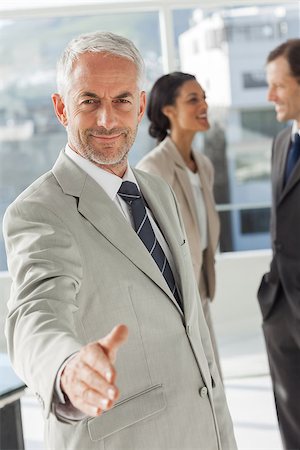 simsearch:400-06879270,k - Businessman giving a handshake with colleagues behind discussing together Stock Photo - Budget Royalty-Free & Subscription, Code: 400-06879274