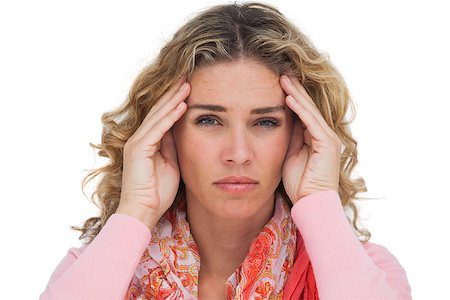 simsearch:400-06885115,k - Blonde woman suffering with headache on white background Photographie de stock - Aubaine LD & Abonnement, Code: 400-06879637