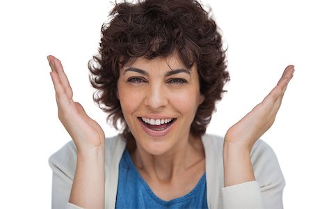 studio portrait attractive woman surprised - Shocked woman looking at the camera on white background Stock Photo - Budget Royalty-Free & Subscription, Code: 400-06879697