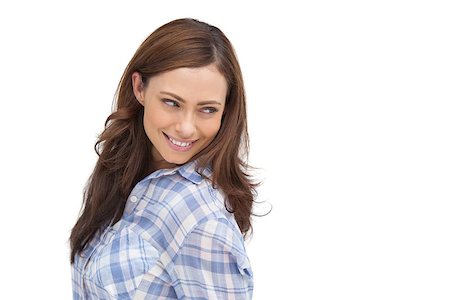 Smiling woman looking something behind her on white background Stock Photo - Budget Royalty-Free & Subscription, Code: 400-06879723
