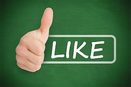 Thumb up representing social network logo next to like written in tag on green background Stock Photo - Budget Royalty-Free & Subscription, Code: 400-06884315