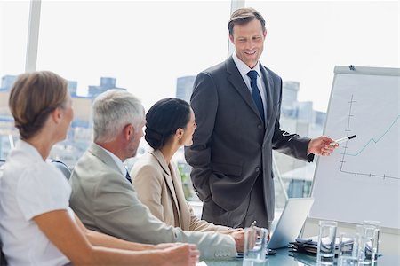 simsearch:400-06879262,k - Smiling businessman pointing at whiteboard during a meeting with colleagues listening to him Stock Photo - Budget Royalty-Free & Subscription, Code: 400-06884472