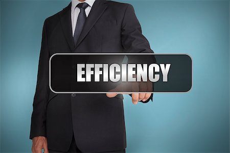 simsearch:400-06886798,k - Businessman touching the word efficiency written on black tag on blue background Stock Photo - Budget Royalty-Free & Subscription, Code: 400-06886005