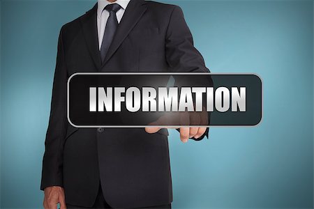 simsearch:400-06886806,k - Businessman touching the word information written on black tag on blue background Photographie de stock - Aubaine LD & Abonnement, Code: 400-06886000