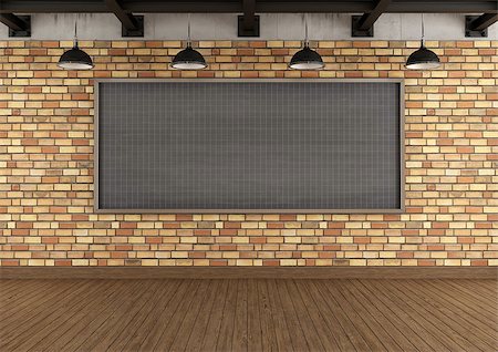 empty classroom wall - Empty loft with large blackboard squared against brick wall - rendering Stock Photo - Budget Royalty-Free & Subscription, Code: 400-06886994