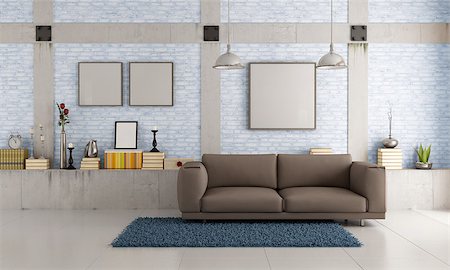 Brown couch in a loft with brick wall and concrete pillar - rendering Stock Photo - Budget Royalty-Free & Subscription, Code: 400-06886998