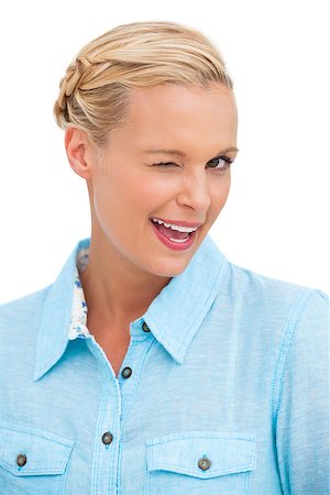 Happy blonde woman winking on white background Stock Photo - Budget Royalty-Free & Subscription, Code: 400-06888933