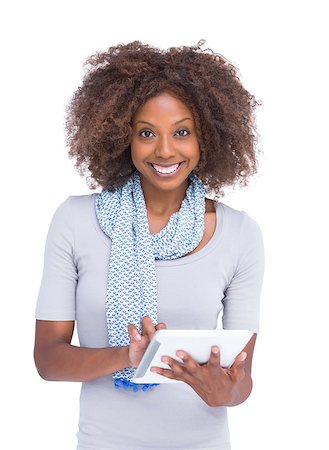 scarf curly woman - Attractive woman using tablet pc on white background Stock Photo - Budget Royalty-Free & Subscription, Code: 400-06880030