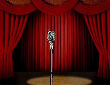 Retro microphone and red curtain on a stage with spotlight Stock Photo - Budget Royalty-Free & Subscription, Code: 400-06880700